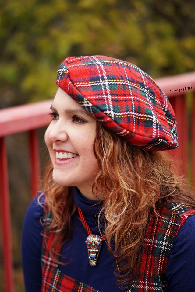 Winnipeg Style Fashion stylist, Canadian style blogger, April Cornell winter red plaid shift jumper dress, April Cornell wool red plaid beret hat, Heidi Daus hot air balloon necklace